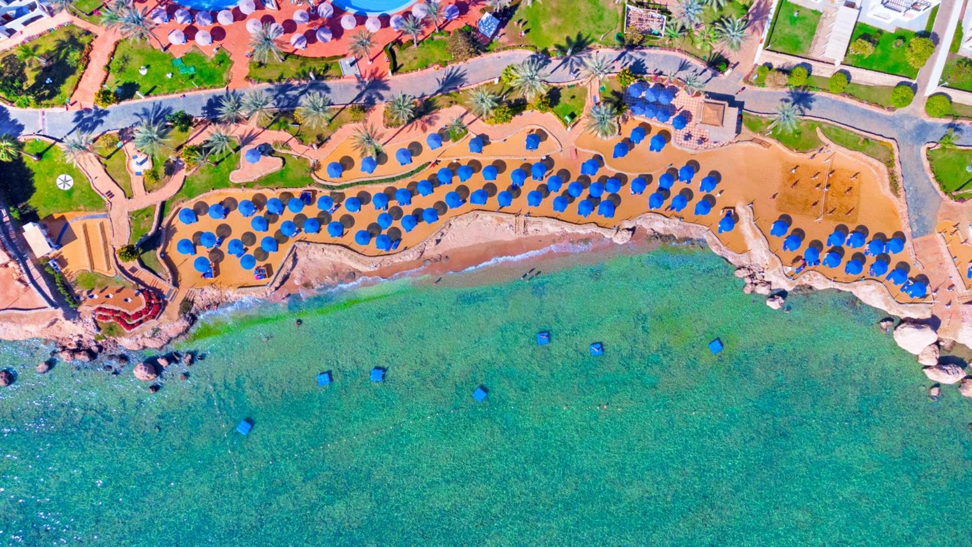 Pickalbatros Royal Grand Sharm - Adults Friendly 16 Years Plus Ngoại thất bức ảnh The photo shows an aerial view of a beach resort area. You can see a stretch of golden sandy beach lined with numerous blue umbrellas. The beach is bordered by clear turquoise waters. There are palm trees scattered throughout the area, adding to the 