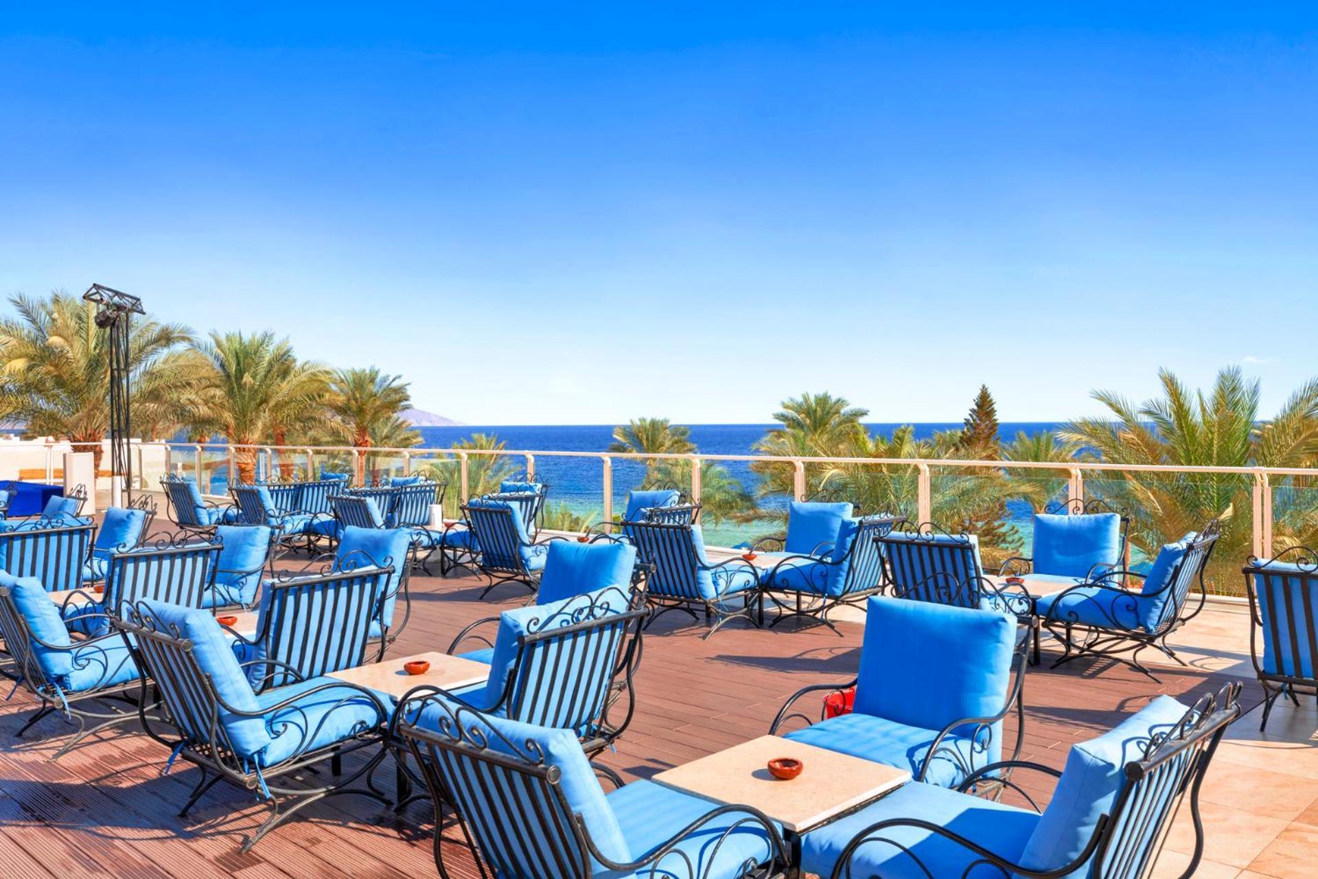 Pickalbatros Royal Grand Sharm - Adults Friendly 16 Years Plus Ngoại thất bức ảnh The photo shows an outdoor deck or terrace area, adorned with numerous blue lounge chairs arranged neatly. In the background, there are palm trees and a clear blue sea that stretches toward the horizon under a bright sky. The setting appears to be a 